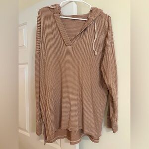 LOFT Tan and White Striped V-Neck Hoodie